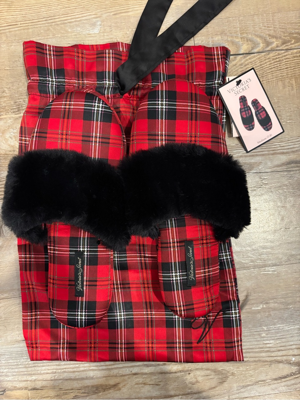 Victoria's Secret Red Plaid Fur-Trim Slippers